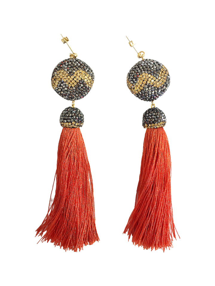 Flat Round Rhinestone With Red Tassel Earrings ME033