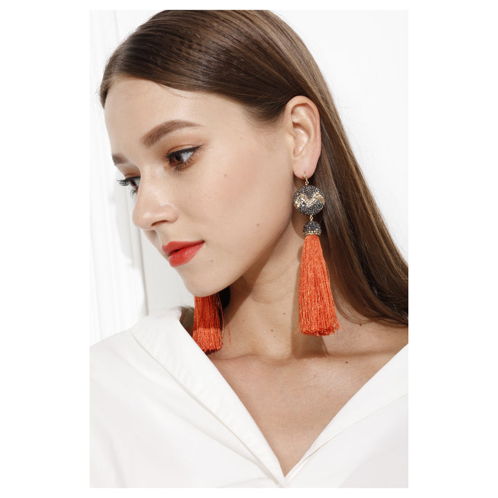 Flat Round Rhinestone With Red Tassel Earrings ME033