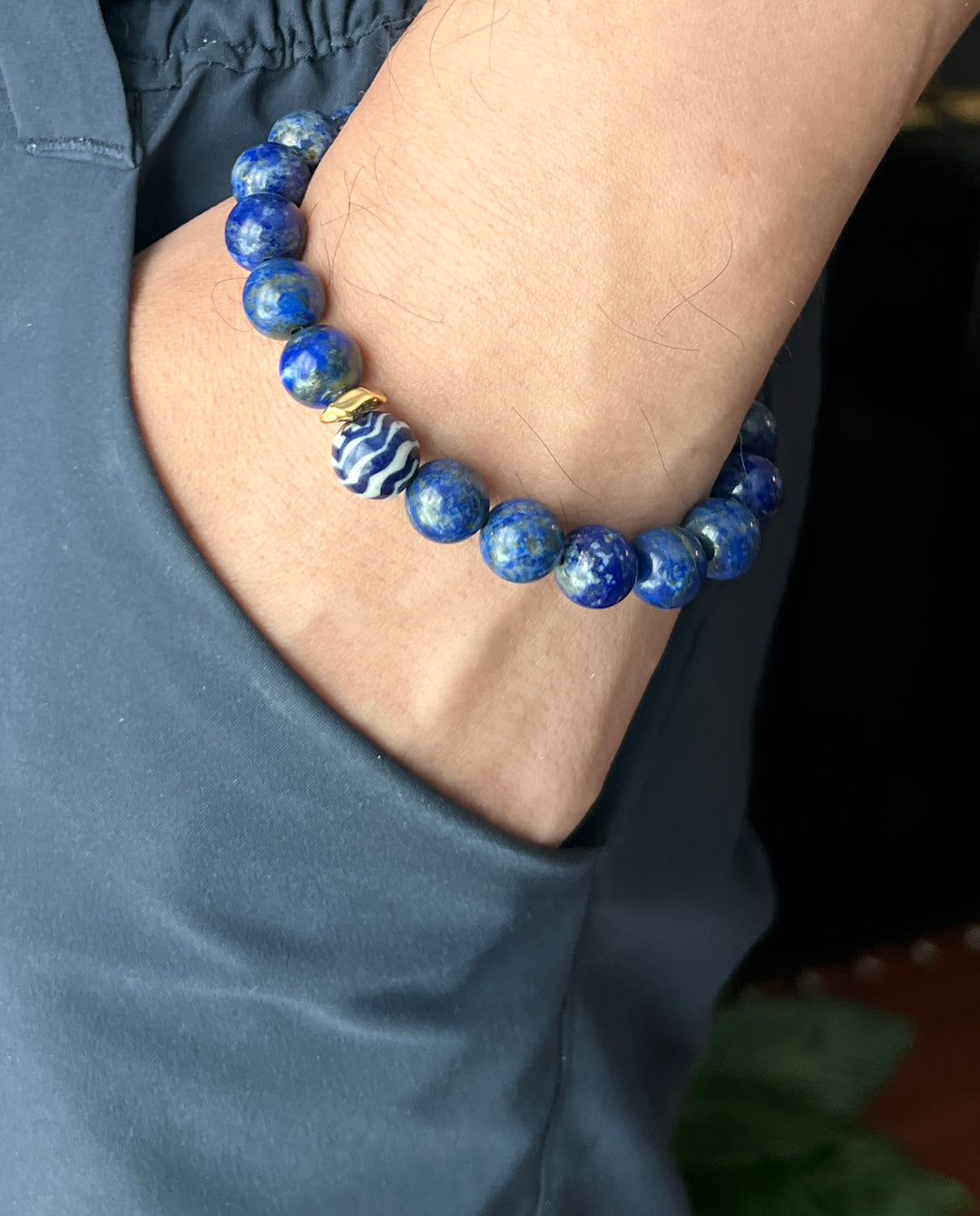 Lapis With Blue Wave Ceramic Men's Bracelet MEB02