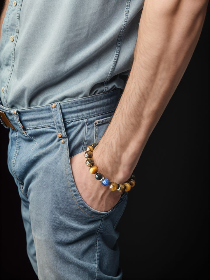 Brown Tiger-eye With Blue Lapis Men's Bracelet MEB07