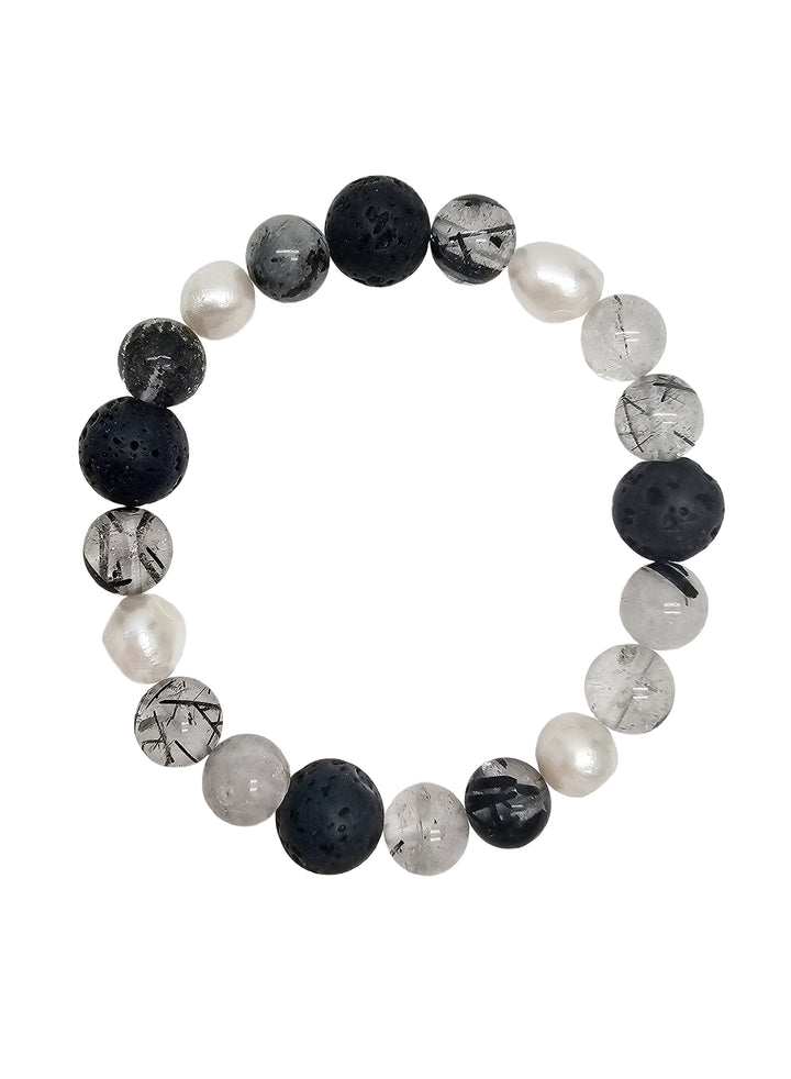 Rutilated Quartz With Black Lava Stone And Pearls Men's Bracelet MEB06