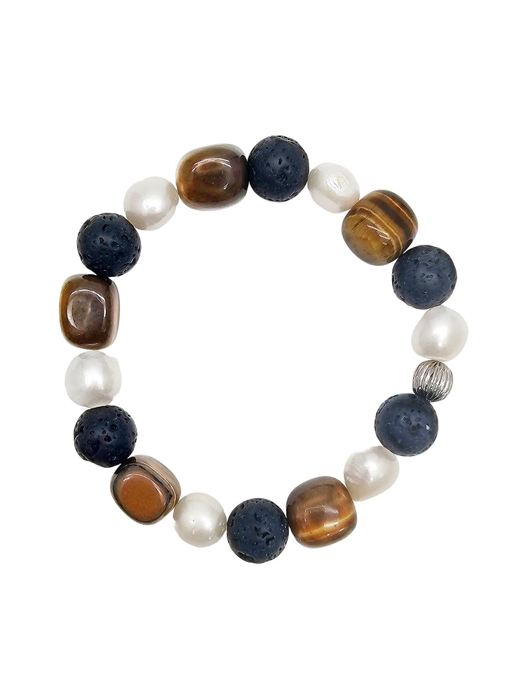 Tiger-eye With Black Lava Stone And Pearls Bracelet MEB14