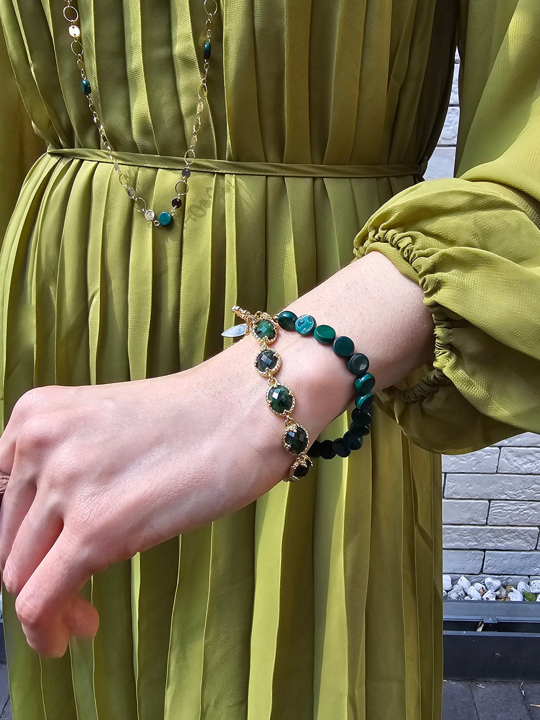 Green Gemstone With Chain Versatile Necklace PN061