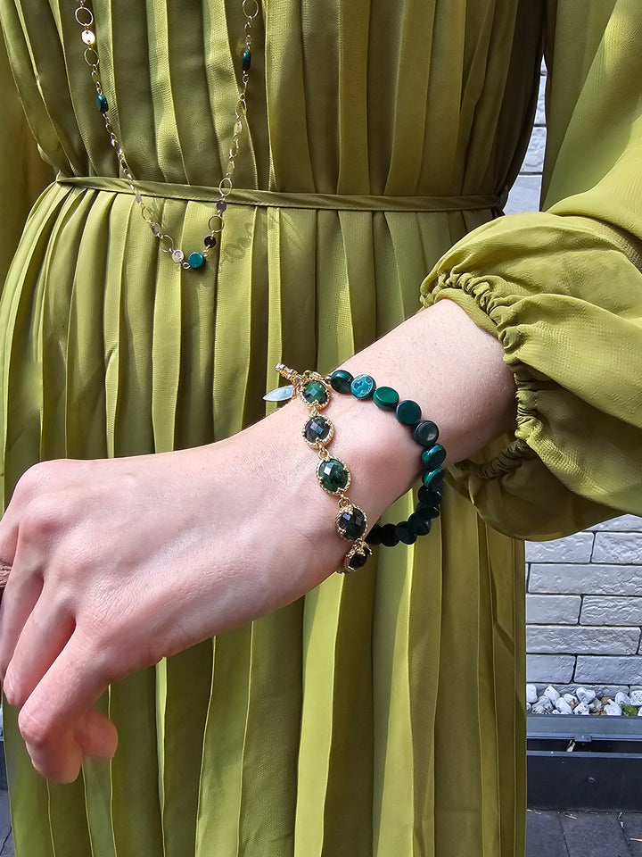 Green Gemstone With Chain Versatile Necklace PN061