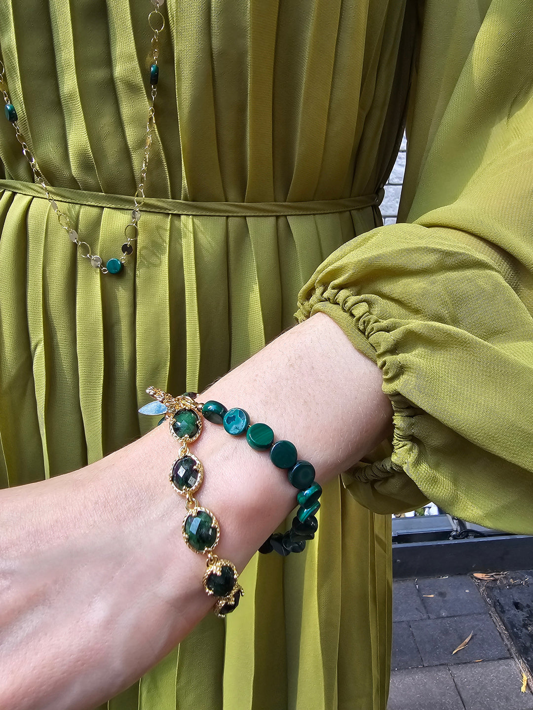 Green Gemstone With Chain Versatile Necklace PN061