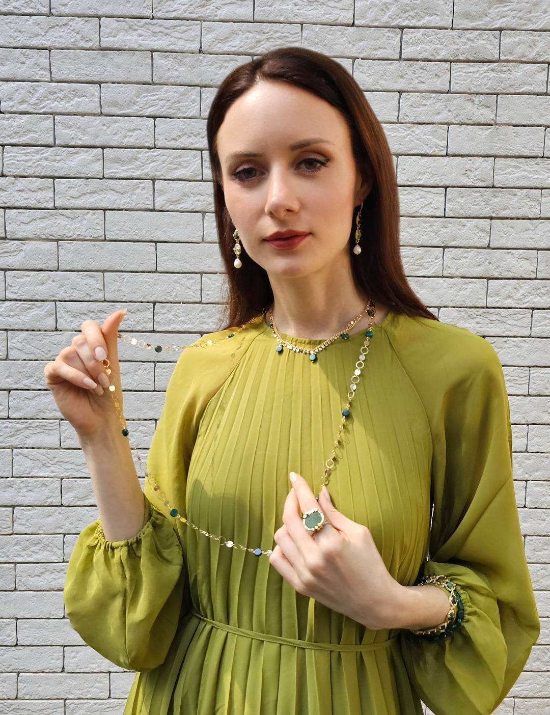 Green Gemstone With White Pearls Dangle Earrings PE043
