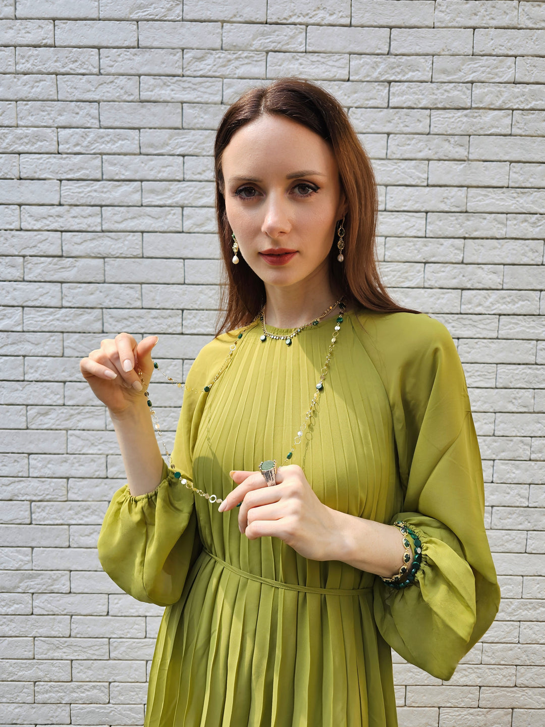 Green Gemstone With White Pearls Dangle Earrings PE043