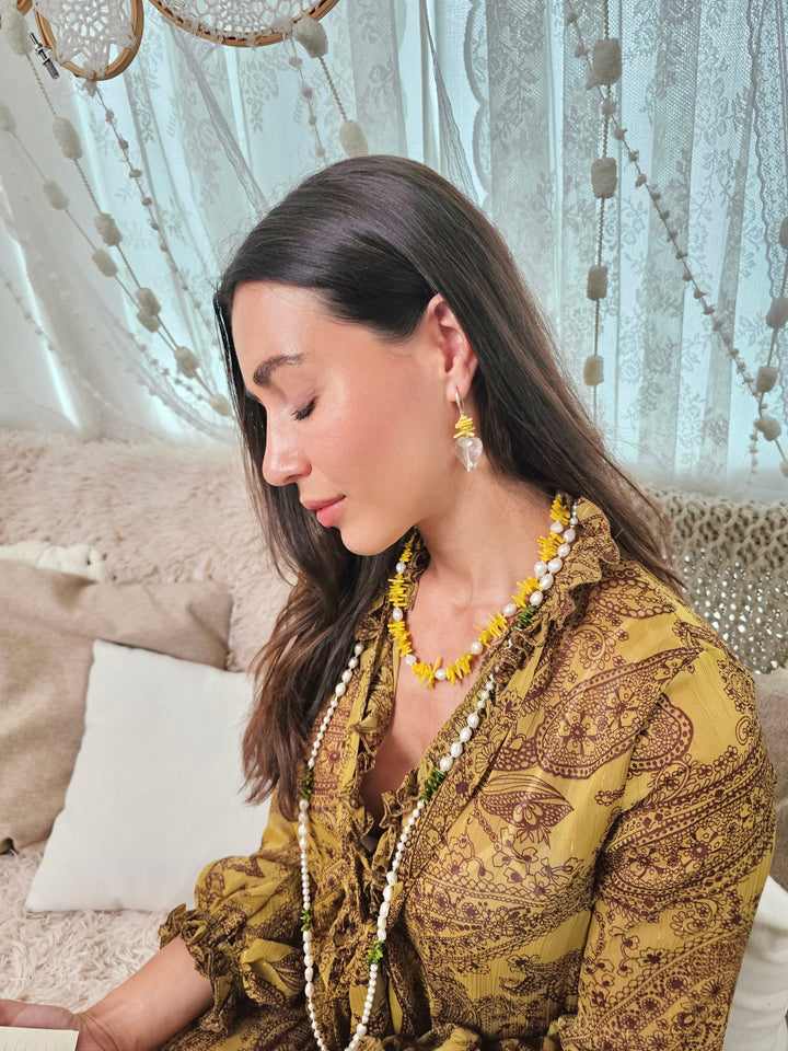 Yellow Bamboo Coral With Freshwater Pearls Necklace QN005
