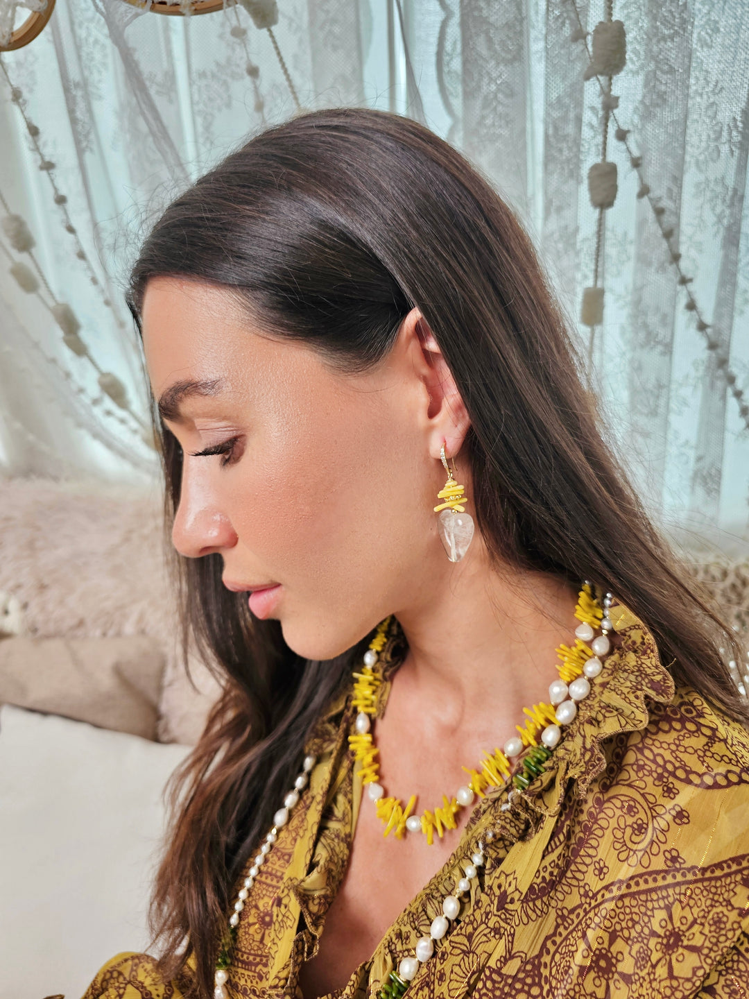 Yellow Bamboo Coral With Freshwater Pearls Necklace QN005