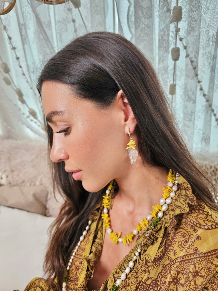 Yellow Bamboo Coral With Freshwater Pearls Necklace QN005