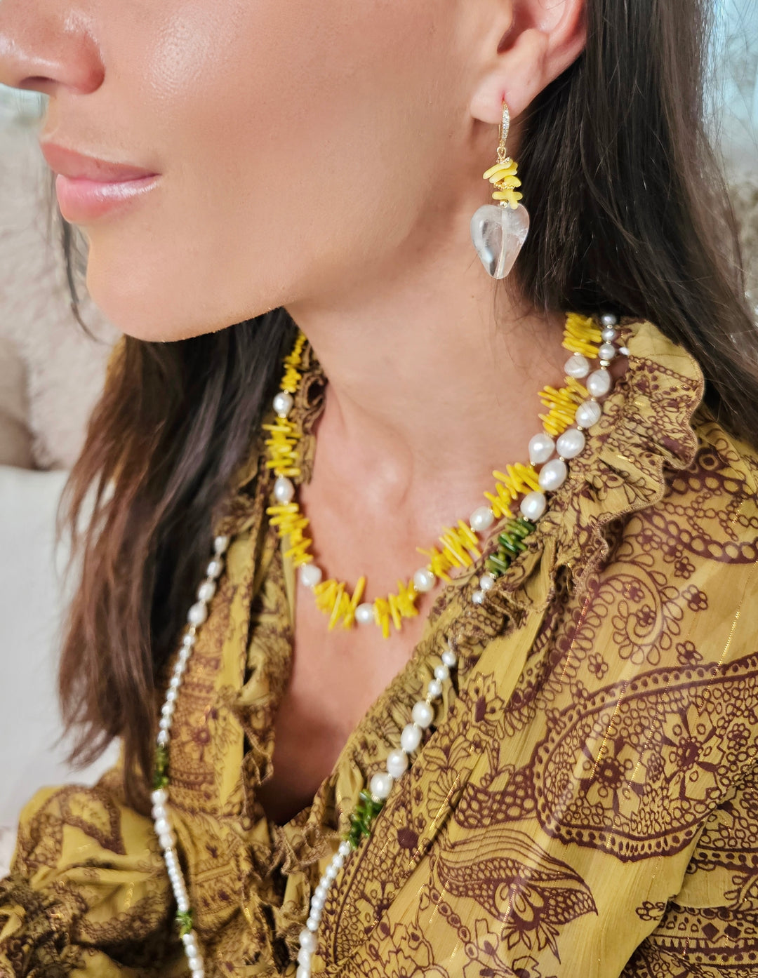 Yellow Bamboo Coral With Freshwater Pearls Necklace QN005