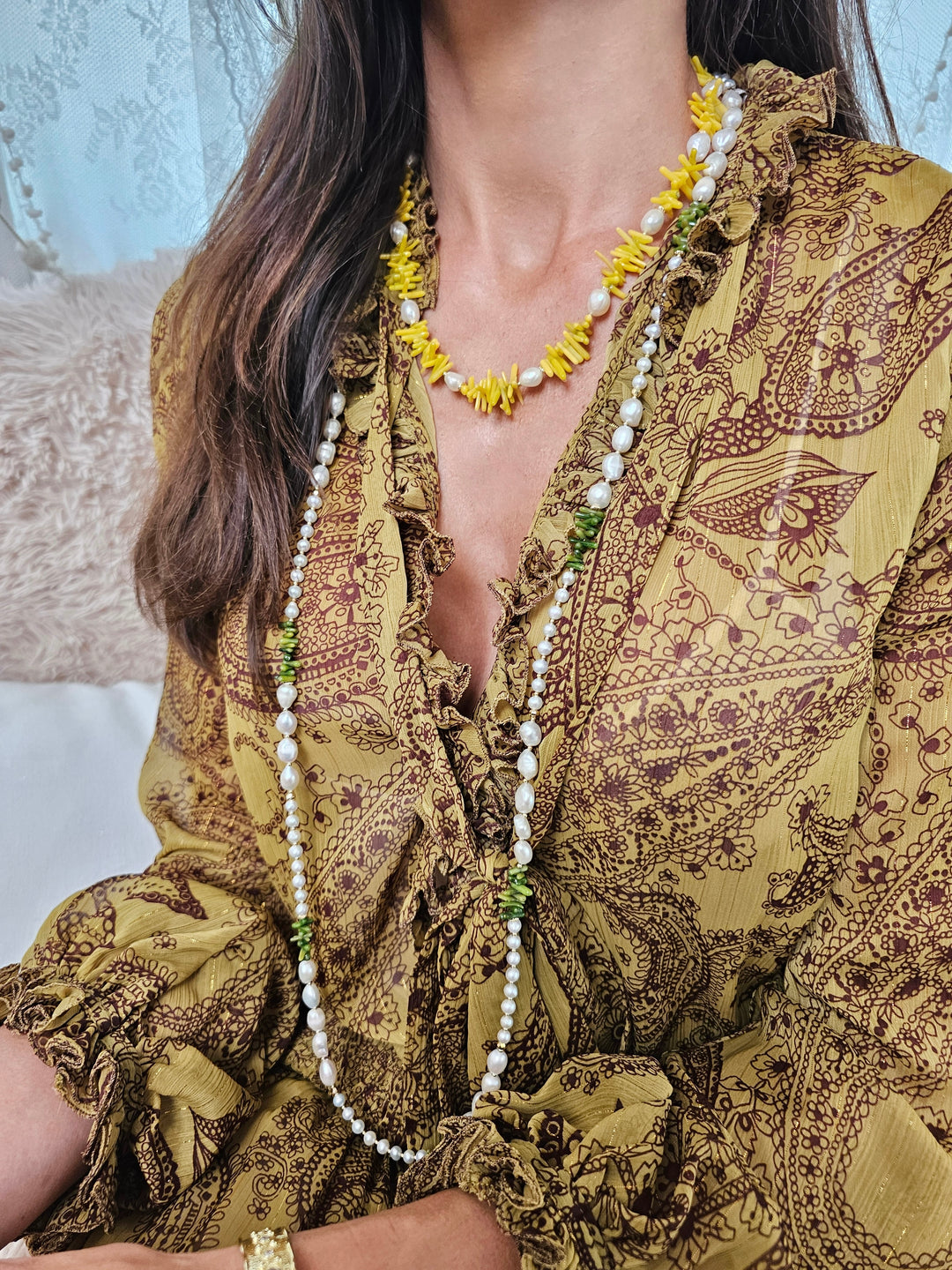 Yellow Bamboo Coral With Freshwater Pearls Necklace QN005