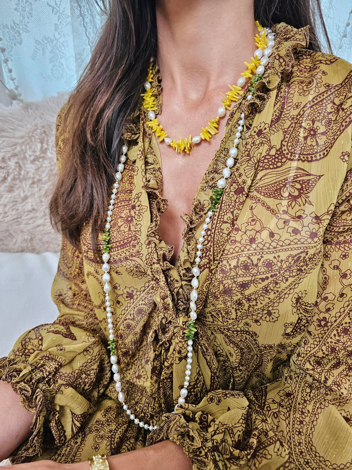 Yellow Bamboo Coral With Freshwater Pearls Necklace QN005