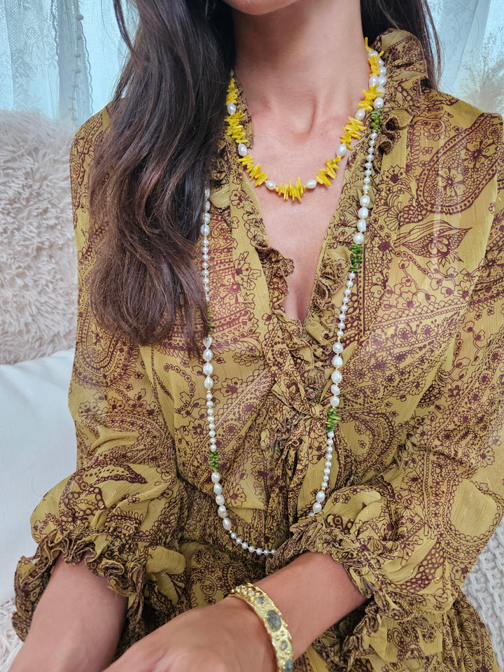 Yellow Bamboo Coral With Freshwater Pearls Necklace QN005