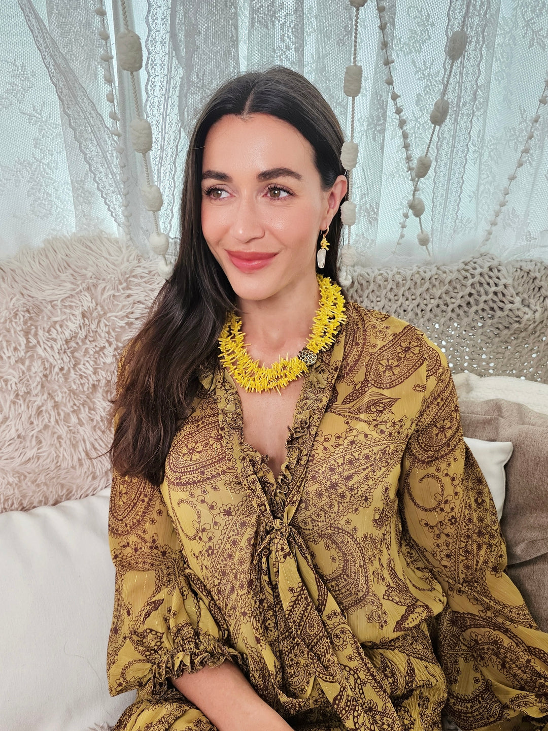 Bohemian Vibrant Multi-Layer Yellow Coral Bamboo Statement Necklace QN001