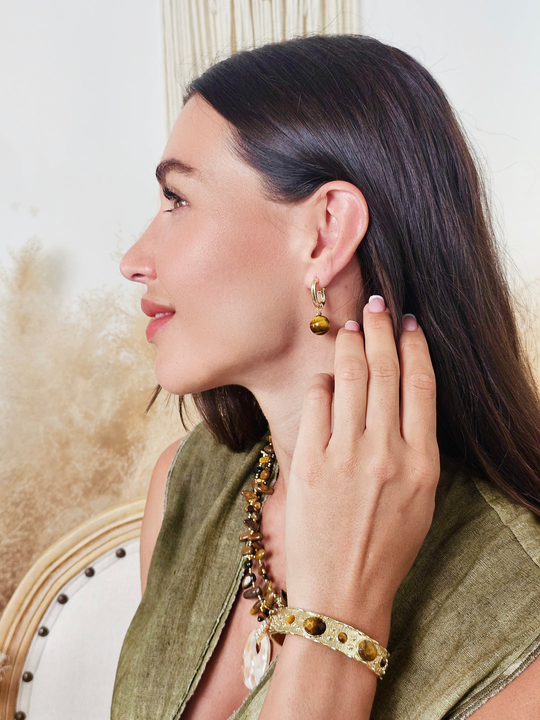 Tiger-eye Stone Dangle Modern Hoop Earrings QE006