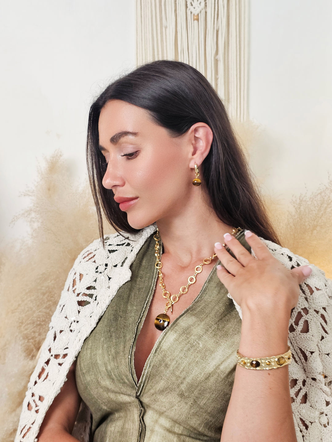 Tiger-eye Stone Pendant Y-shaped Necklace QN004