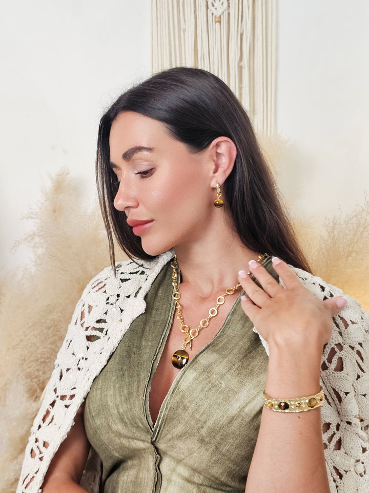 Tiger-eye Stone Pendant Y-shaped Necklace QN004