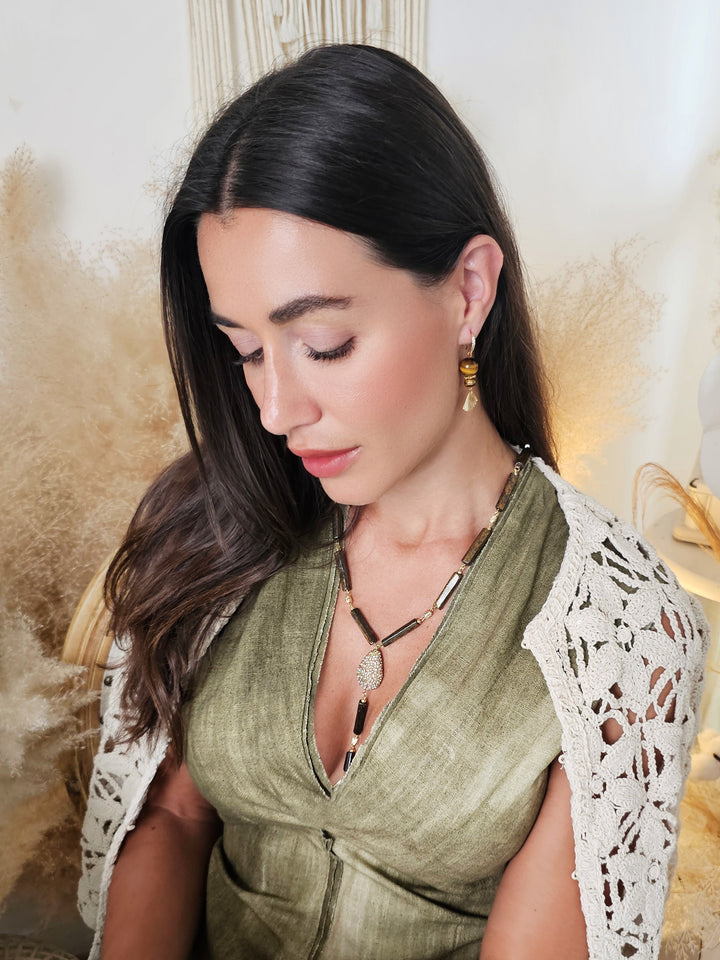 Elegance Tiger-eye Stone With Fan Dangle Earrings QE005
