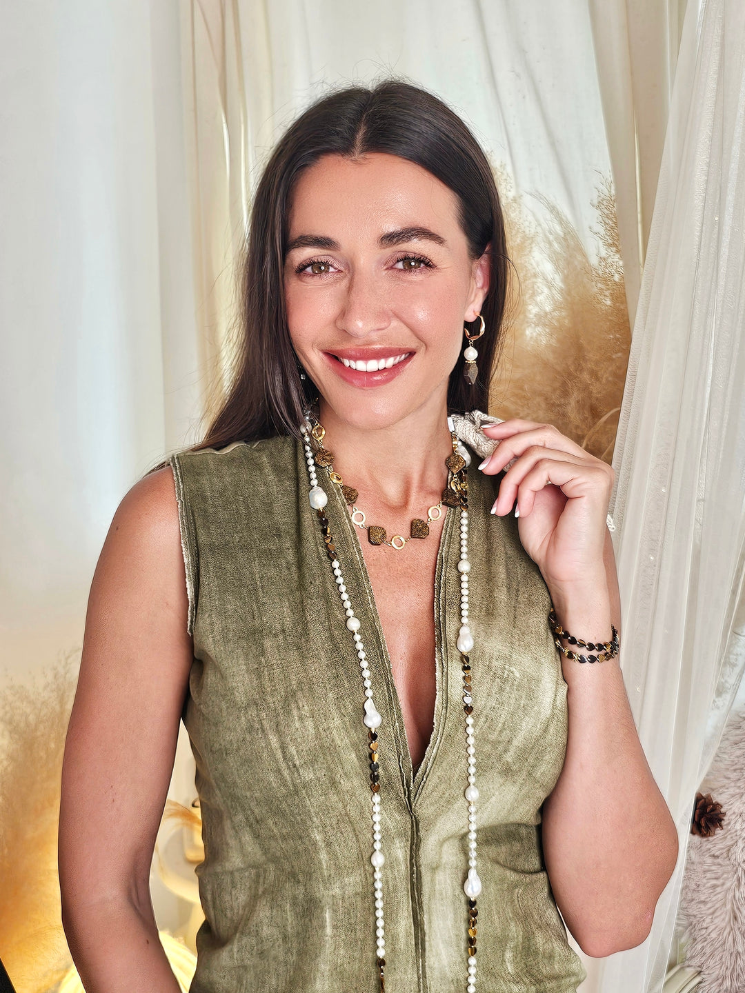 Tiger-eye Stone With Chain Modern Necklace QN003