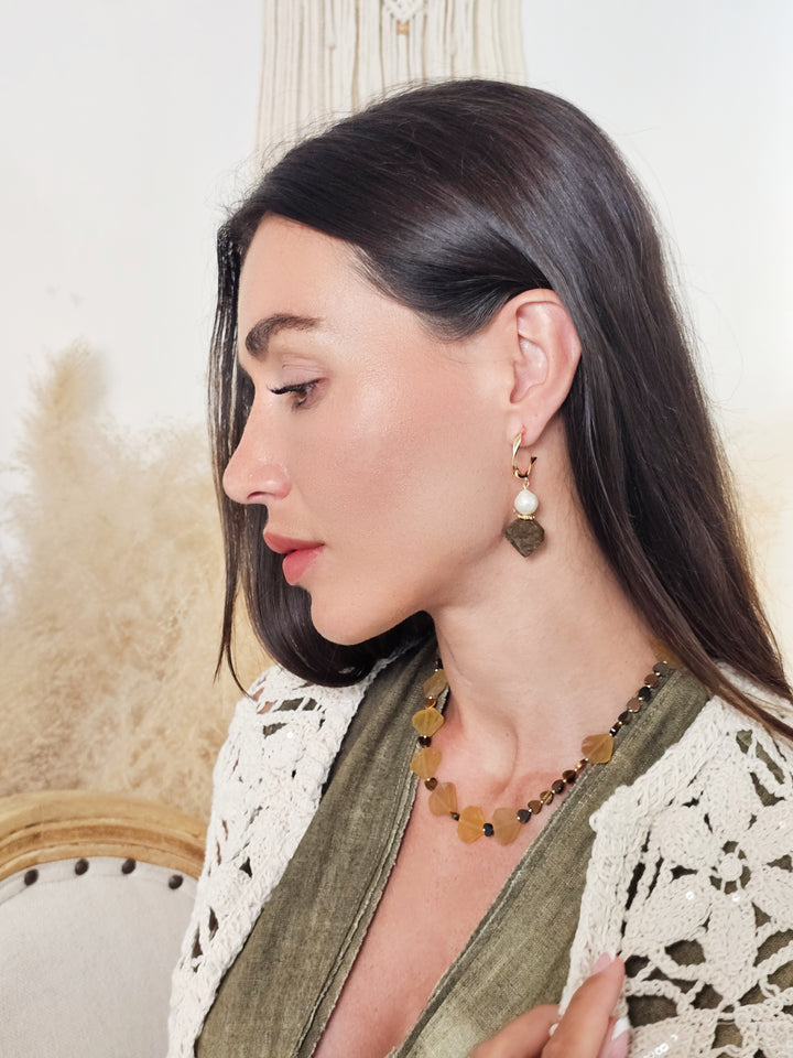 Geometric Tiger-eye Stone With Freshwater Pearls Earrings QE001