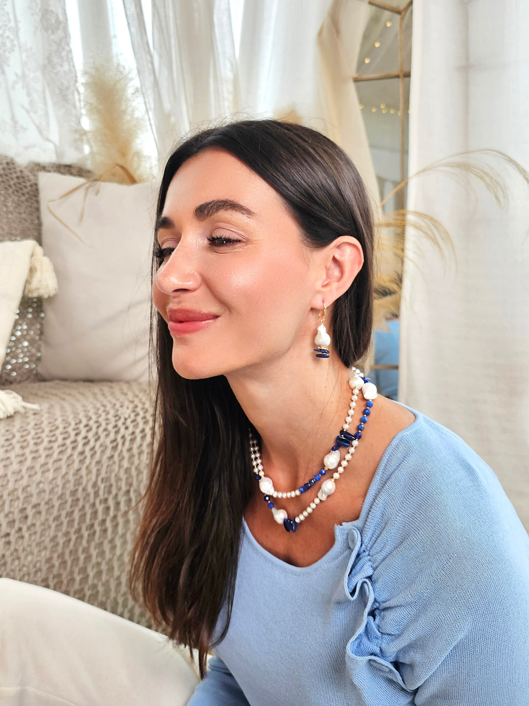 Baroque Pearls With Lapis And Kyanite Long Necklace QN030