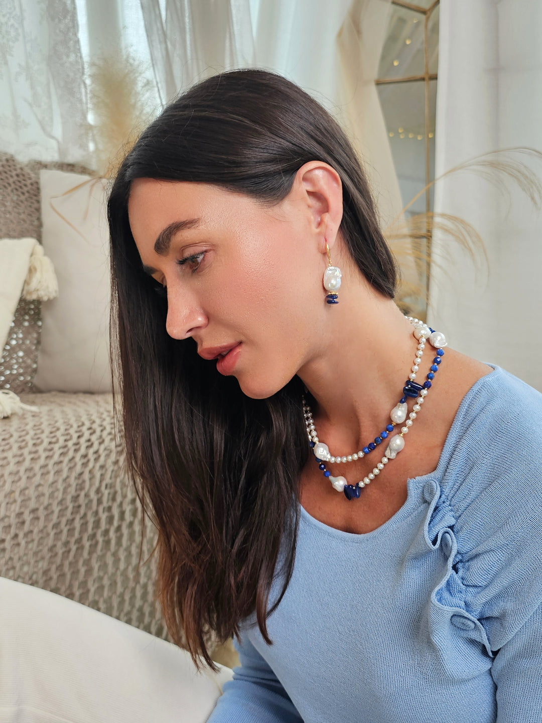 Baroque Pearls With Lapis And Kyanite Long Necklace QN030