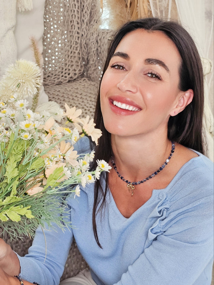 Heart Shaped Sodalite With Bow Pendant Necklace RN029