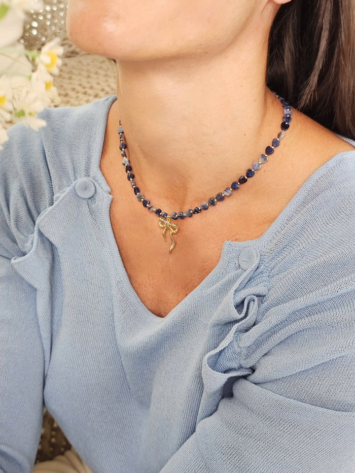 Heart Shaped Sodalite With Bow Pendant Necklace RN029