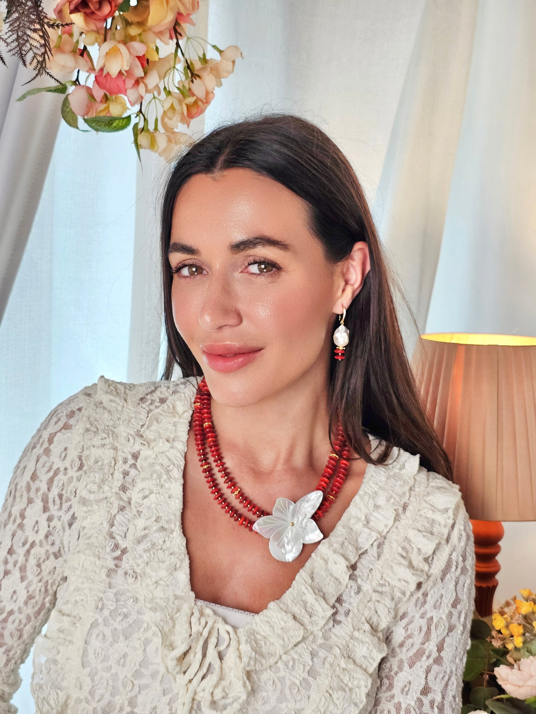 Baroque Pearl With Red Bamboo Coral Earrings QE019
