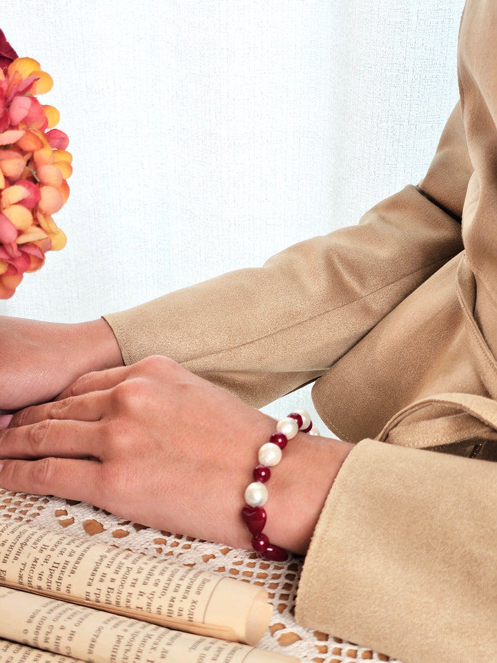 Freshwater Pearl With Red Heart Bowknot Bracelet QB016