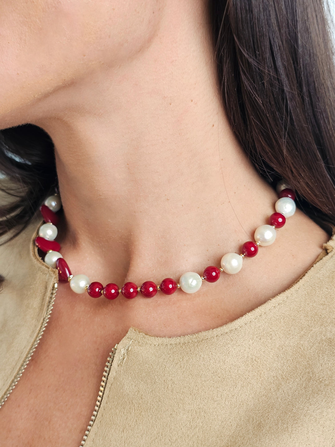 Freshwater Pearls With Red Heart Choker Necklace QN038