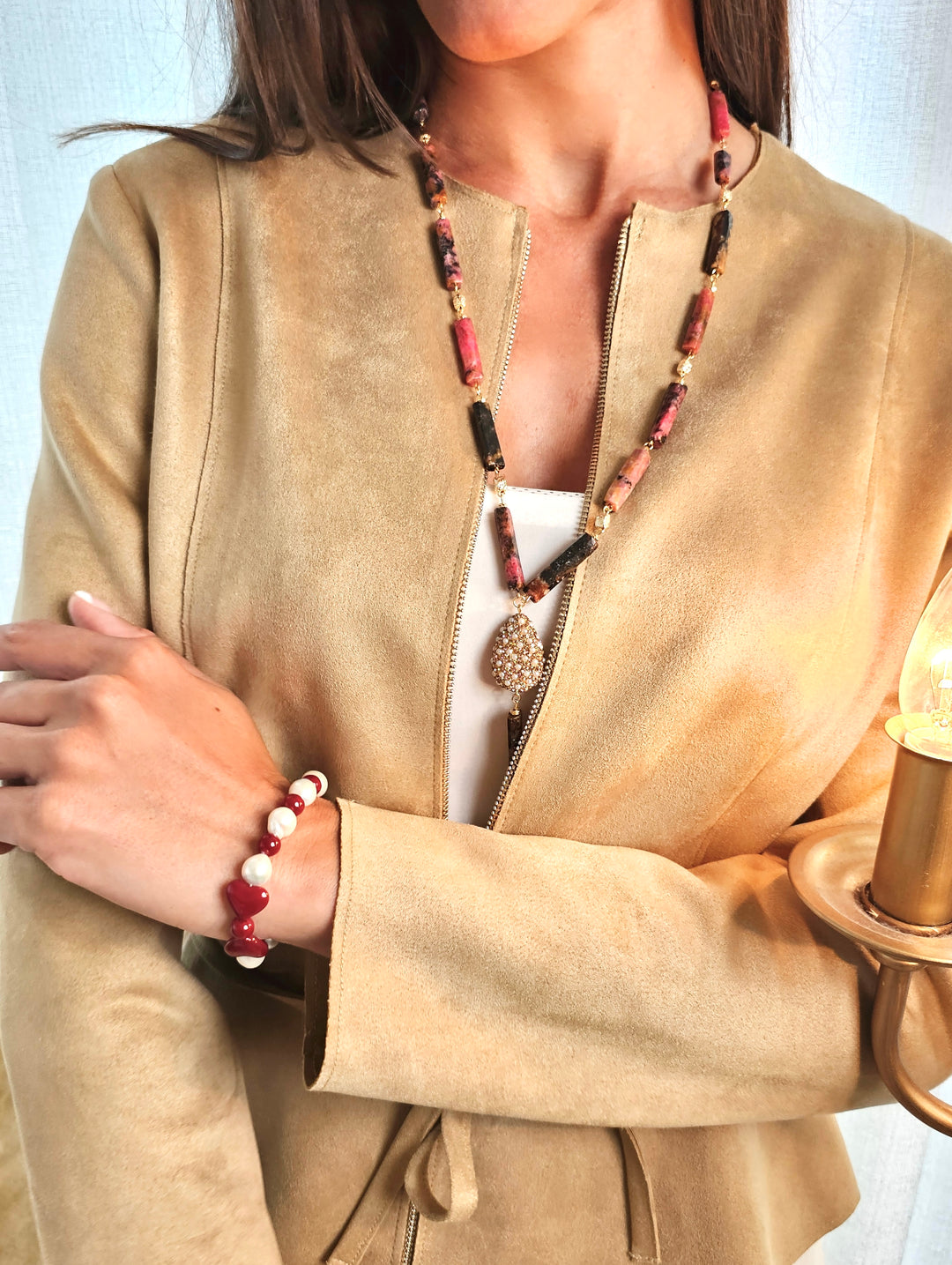 Freshwater Pearl With Red Heart Bowknot Bracelet QB016