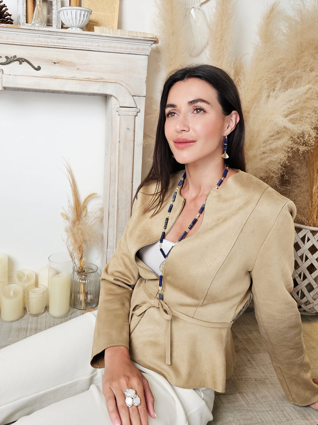 Lapis Lazuli & Gold Fan Linear Drop Earrings RE024