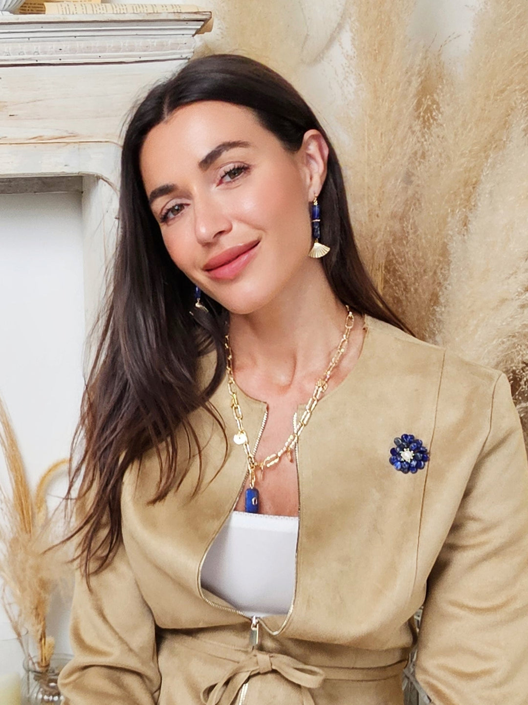 Lapis Lazuli & Gold Fan Linear Drop Earrings RE024