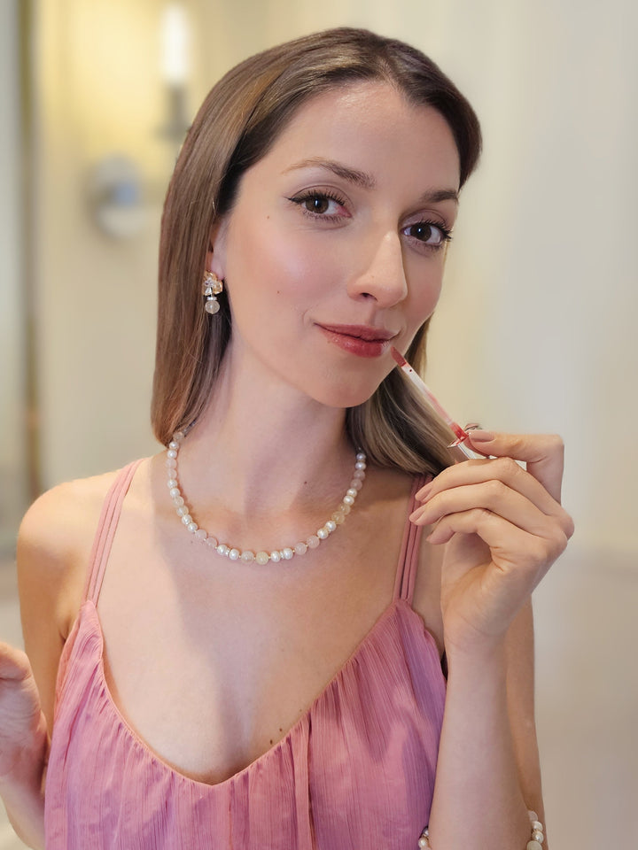 Pink Rose Quartz And Yellow Citrine With Pearls Necklace RN013