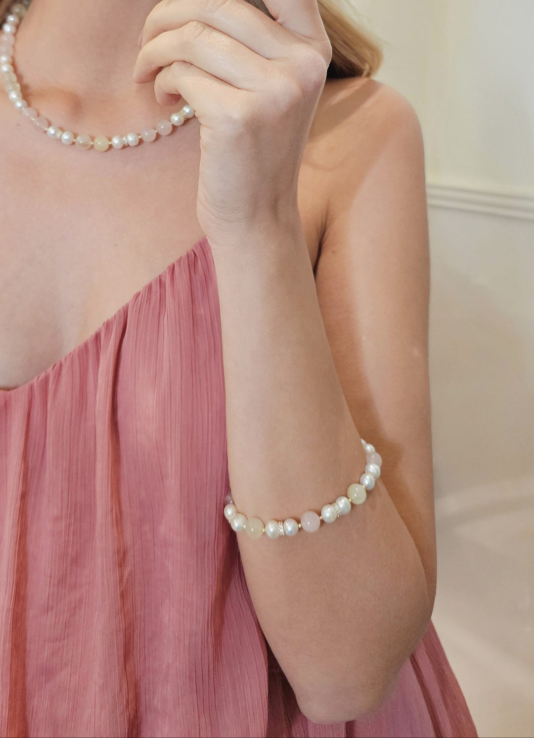 Macaron Pink Rose Quartz Yellow Citrine & Pearls Bracelet RB009