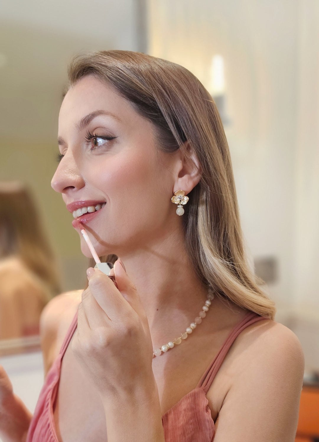 Floral Rose Quartz Dangle Stud Earrings RE014