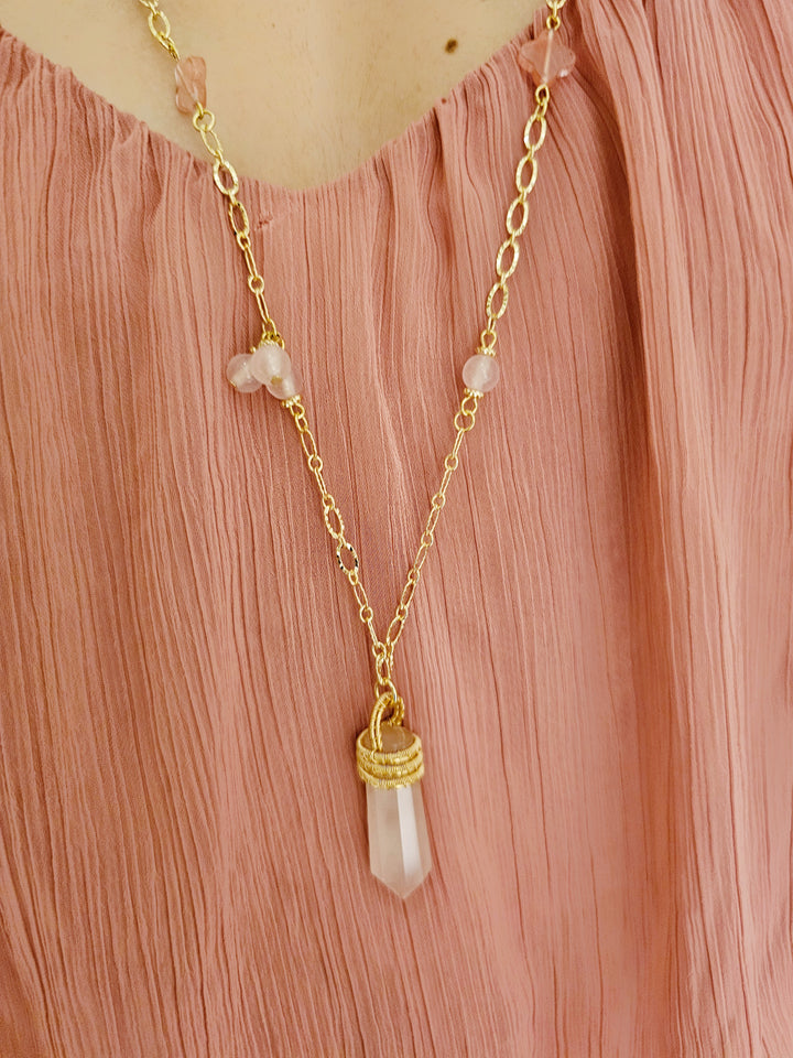 Wire-Wrapped Rose Quartz Pendant With Watermelon Flower Long Necklace RN016