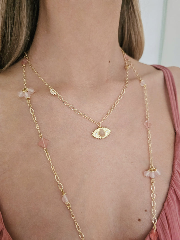 Rose Quartz Turkish Devil Eye Pendant Chain Necklace RN017