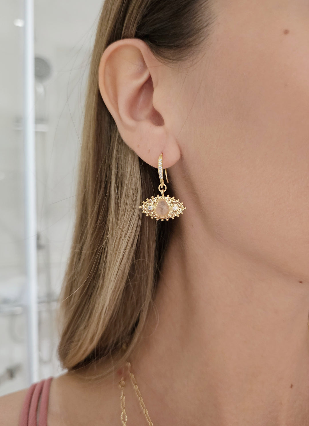 Evil Eye Adorned Rose Quartz Stone Earrings RE015