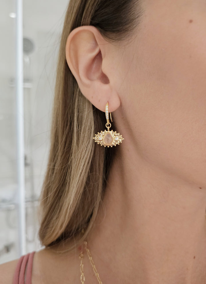 Evil Eye Adorned Rose Quartz Stone Earrings RE015