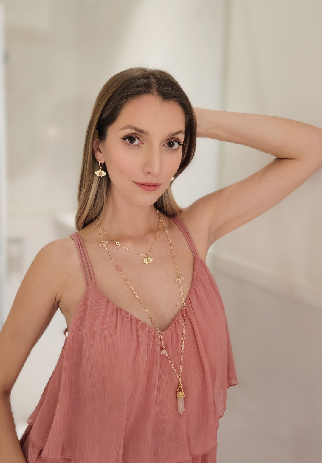 Wire-Wrapped Rose Quartz Pendant With Watermelon Flower Long Necklace RN016