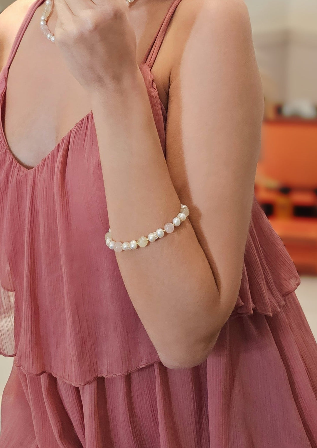 Macaron Pink Rose Quartz Yellow Citrine & Pearls Bracelet RB009