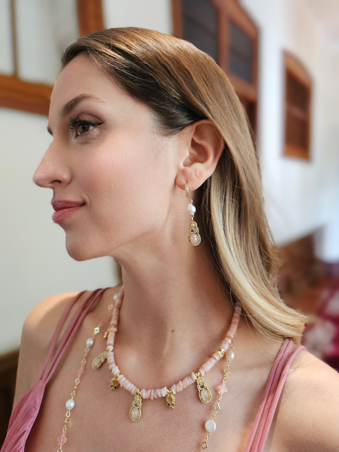 Bohemian Pink Shell With Rose Quartz Pendant Necklace RN014