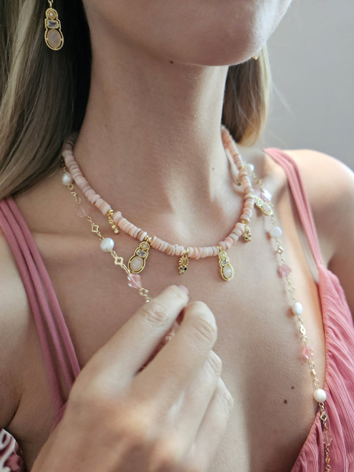 Bohemian Pink Shell With Rose Quartz Pendant Necklace RN014
