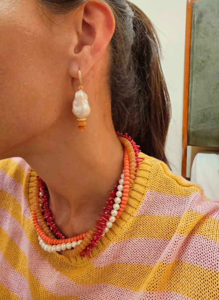 Baroque Pearl With Orange Aventurine And Bamboo Coral Earrings SE002