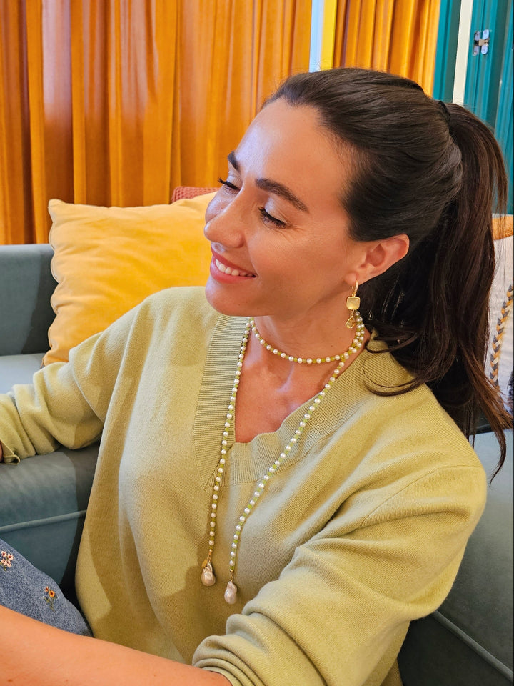 Pearl And Green Agate With Baroque Pearl Drops Open Ended Long Necklace SN036