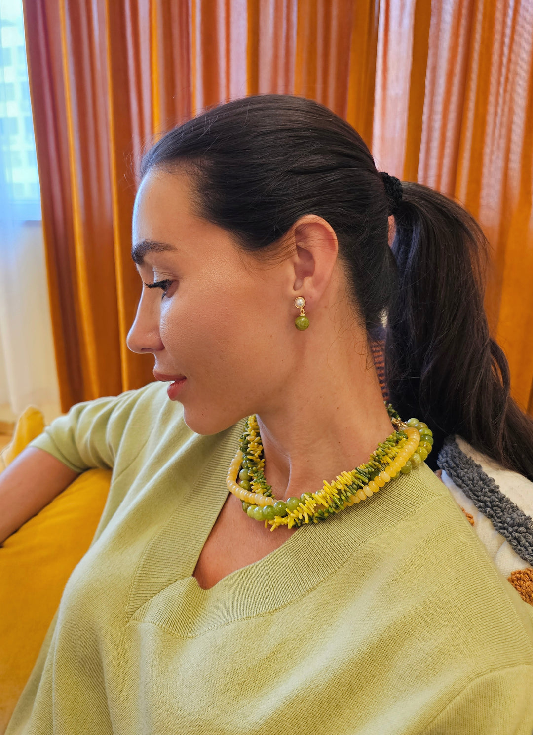 Artistic Green And Yellow Gemstone Multi-Layer Chunky Necklace SN035