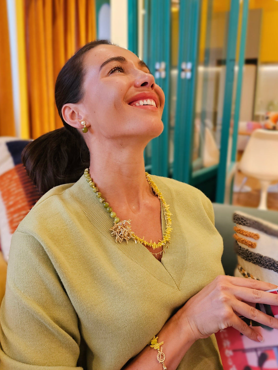 Boho Chic Green Opal And Yellow Bamboo Coral With Removable Pin Necklace SN033